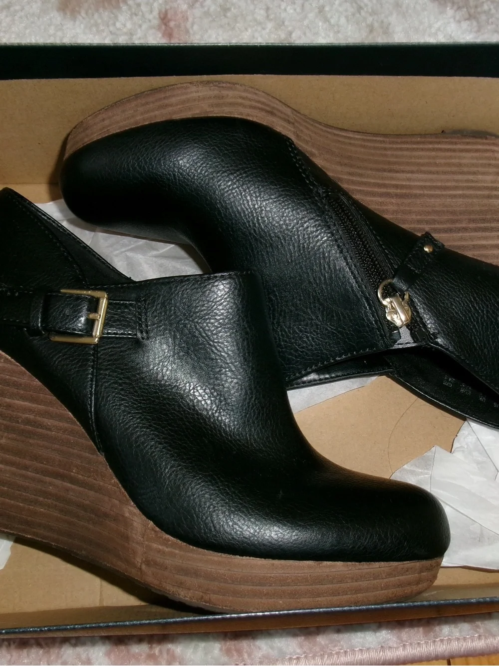 Dr. Scholl's Black Leather Wedge Ankle Booties with Wood-Effect Platform